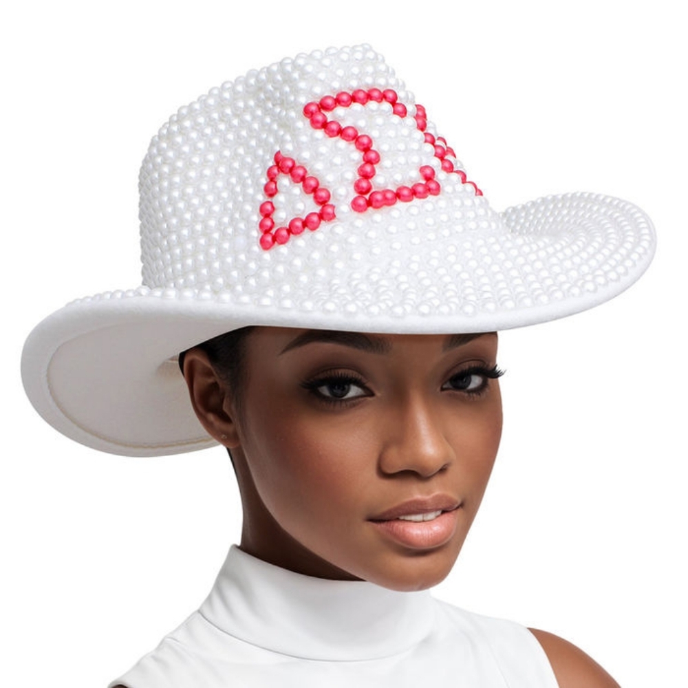 FIVE LEFT CHECK FIRST DST Sorority White and Red Pearl Fedora Hat Women